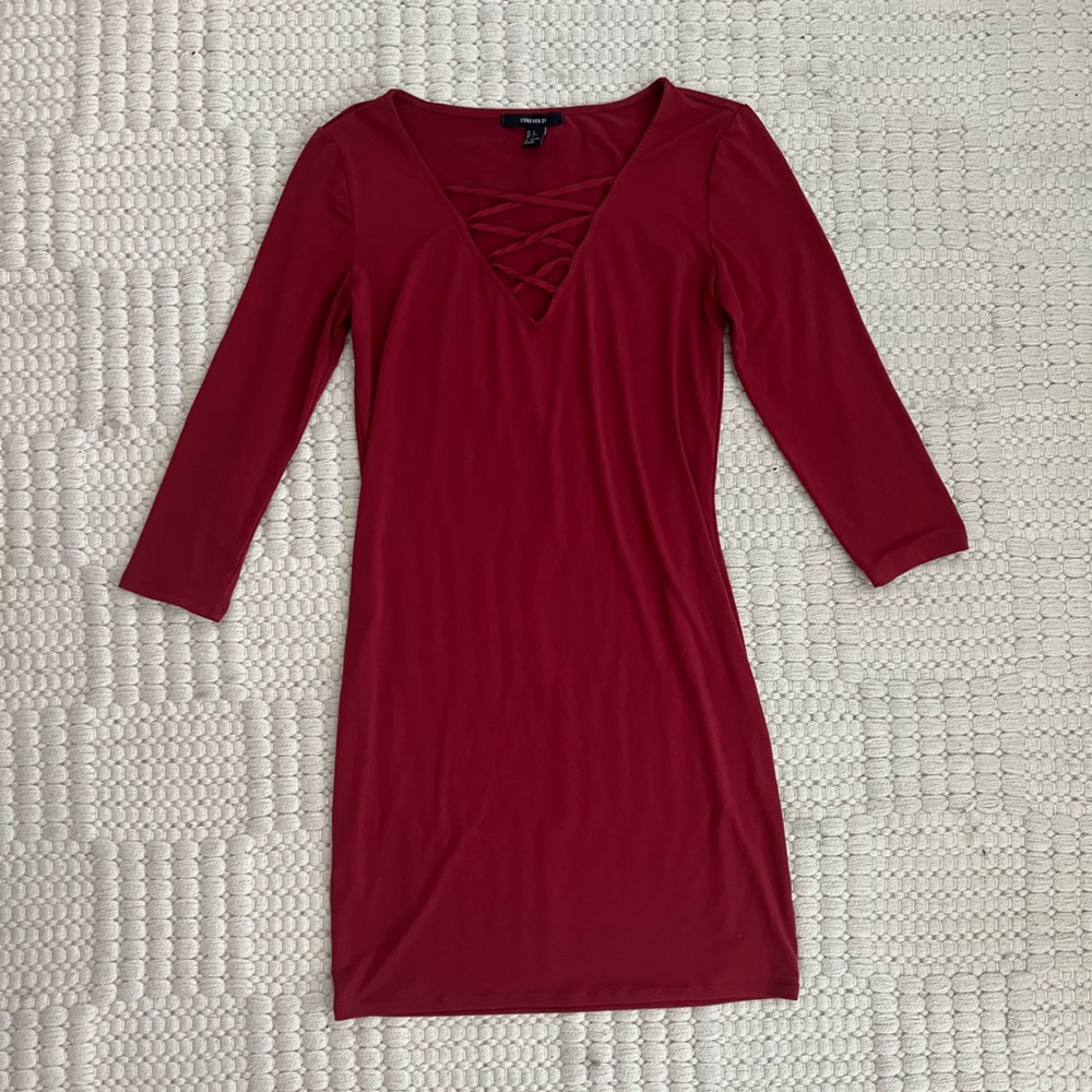Forever 21 Red V-Neck Dress